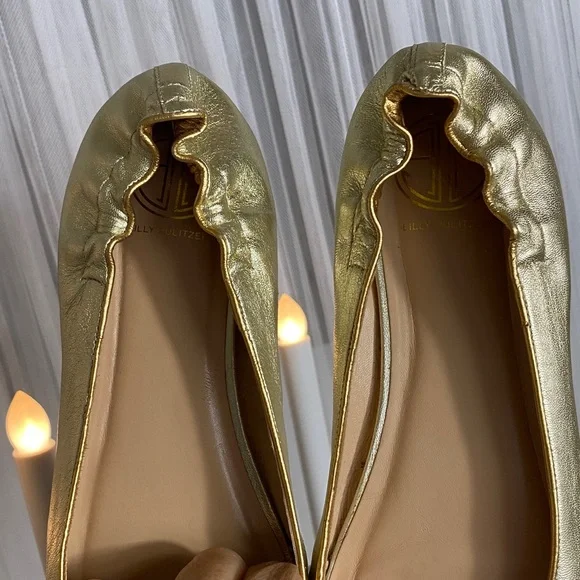 Lilly Pulitzer Gold Leather Ballet Flats Lion Heads Knock Brown Ribbon Size 9 - Picture 9 of 16